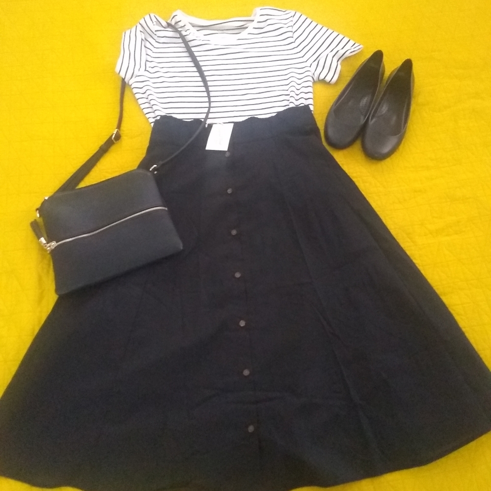 Black button down, Midi skirt